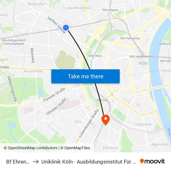 Bf Ehrenfeld - Köln to Uniklinik Köln - Ausbildungsinstitut Für Kinder- Und Jugendpsychotherapie map