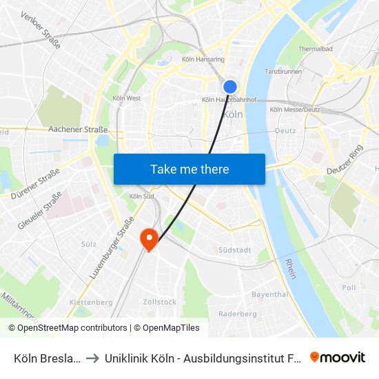 Köln Breslauer Platz/Hbf to Uniklinik Köln - Ausbildungsinstitut Für Kinder- Und Jugendpsychotherapie map