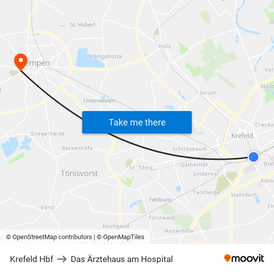 Krefeld Hbf to Das Ärztehaus am Hospital map