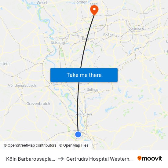 Köln Barbarossaplatz to Gertrudis Hospital Westerholt map