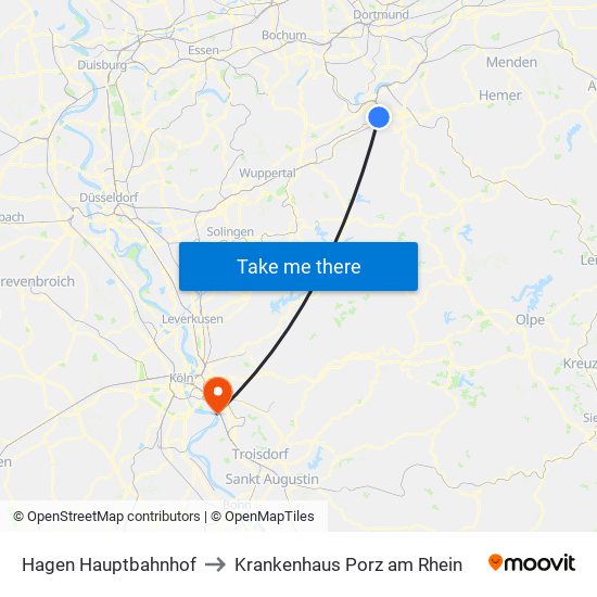 Hagen Hauptbahnhof to Krankenhaus Porz am Rhein map