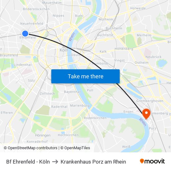 Bf Ehrenfeld - Köln to Krankenhaus Porz am Rhein map