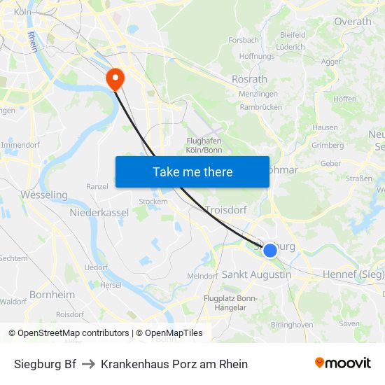 Siegburg Bf to Krankenhaus Porz am Rhein map