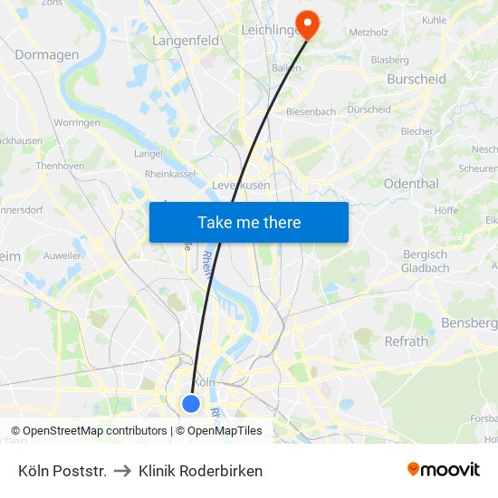 Köln Poststr. to Klinik Roderbirken map