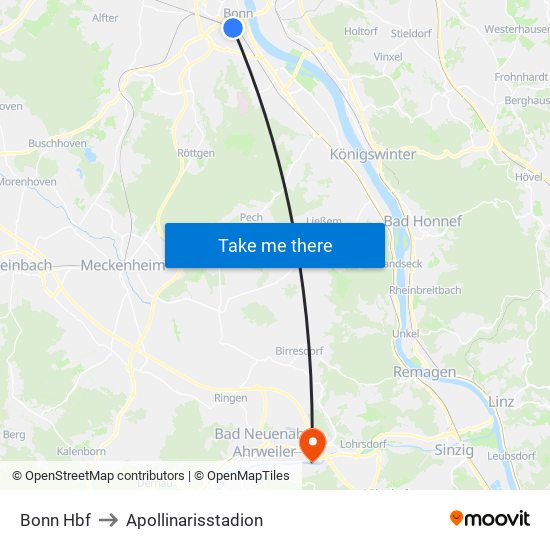 Bonn Hbf to Apollinarisstadion map