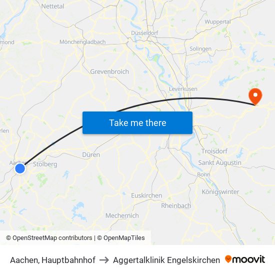 Aachen, Hauptbahnhof to Aggertalklinik Engelskirchen map