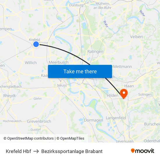 Krefeld Hbf to Bezirkssportanlage Brabant map