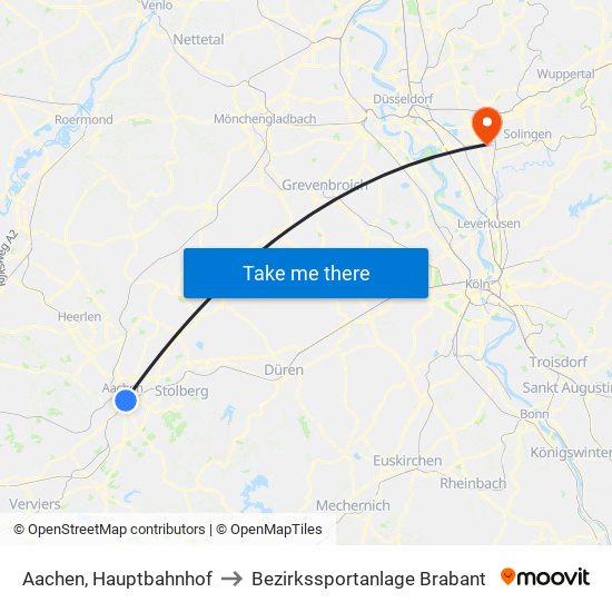 Aachen, Hauptbahnhof to Bezirkssportanlage Brabant map
