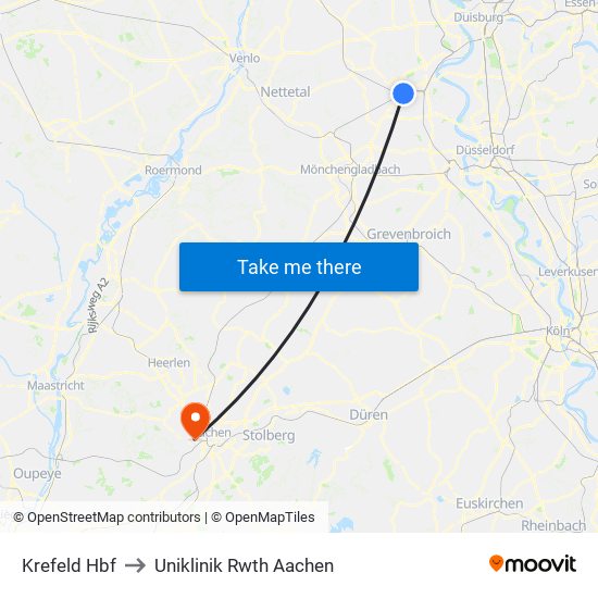 Krefeld Hbf to Uniklinik Rwth Aachen map