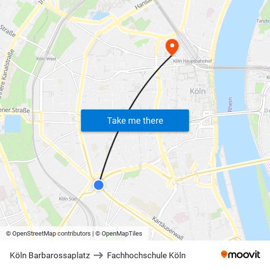 Köln Barbarossaplatz to Fachhochschule Köln map