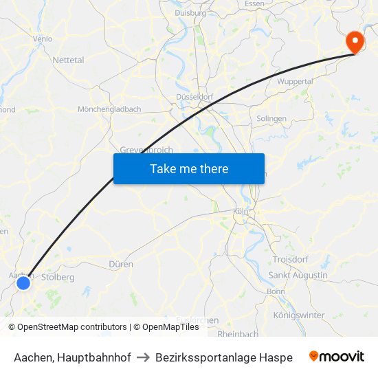 Aachen, Hauptbahnhof to Bezirkssportanlage Haspe map