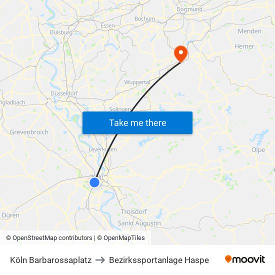 Köln Barbarossaplatz to Bezirkssportanlage Haspe map