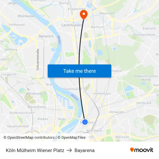 Köln Mülheim Wiener Platz to Bayarena map