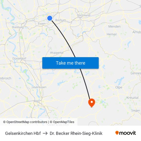 Gelsenkirchen Hbf to Dr. Becker Rhein-Sieg-Klinik map