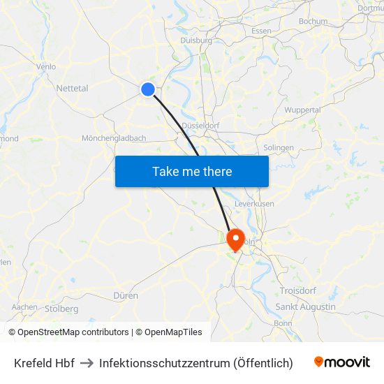 Krefeld Hbf to Infektionsschutzzentrum (Öffentlich) map