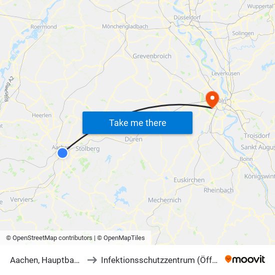 Aachen, Hauptbahnhof to Infektionsschutzzentrum (Öffentlich) map