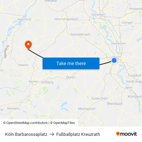 Köln Barbarossaplatz to Fußballplatz Kreuzrath map