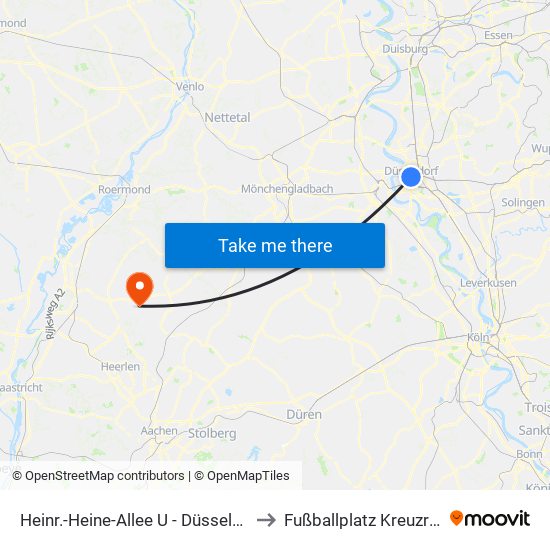 Heinr.-Heine-Allee U - Düsseldorf to Fußballplatz Kreuzrath map