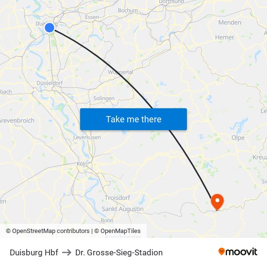 Duisburg Hbf to Dr. Grosse-Sieg-Stadion map