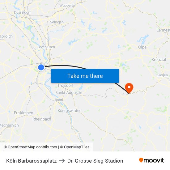 Köln Barbarossaplatz to Dr. Grosse-Sieg-Stadion map