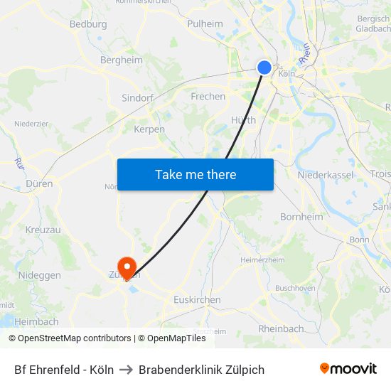 Bf Ehrenfeld - Köln to Brabenderklinik Zülpich map