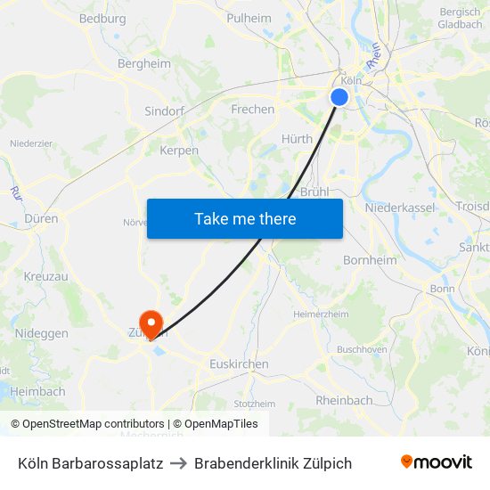 Köln Barbarossaplatz to Brabenderklinik Zülpich map