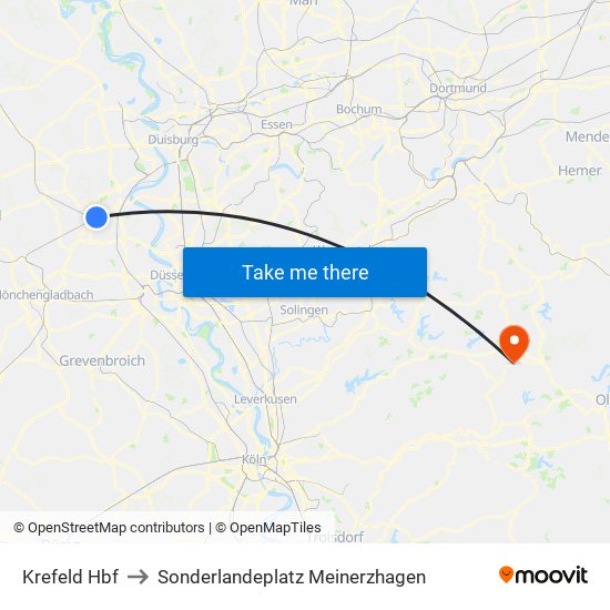 Krefeld Hbf to Sonderlandeplatz Meinerzhagen map