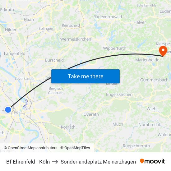 Bf Ehrenfeld - Köln to Sonderlandeplatz Meinerzhagen map