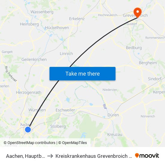 Aachen, Hauptbahnhof to Kreiskrankenhaus Grevenbroich St. Elisabeth map