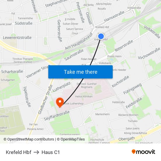 Krefeld Hbf to Haus C1 map