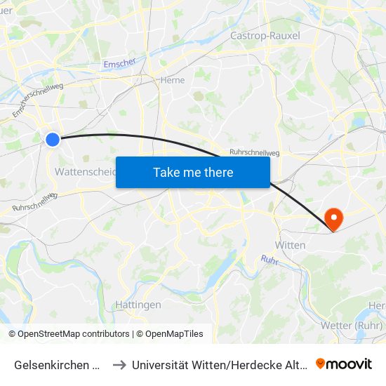 Gelsenkirchen Hbf to Universität Witten / Herdecke Altbau map