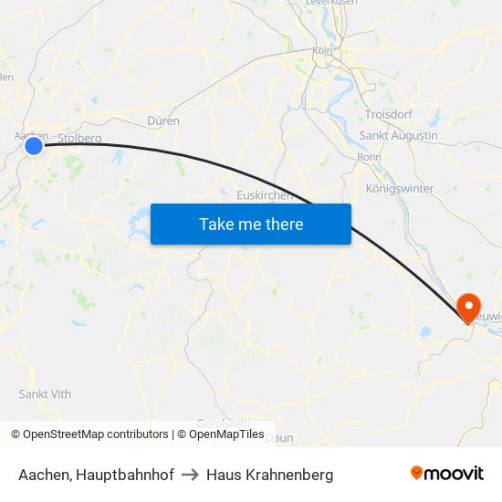 Aachen, Hauptbahnhof to Haus Krahnenberg map