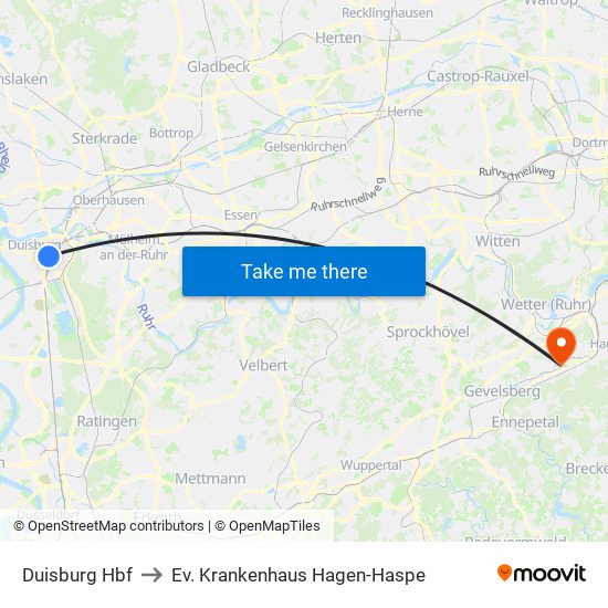 Duisburg Hbf to Ev. Krankenhaus Hagen-Haspe map