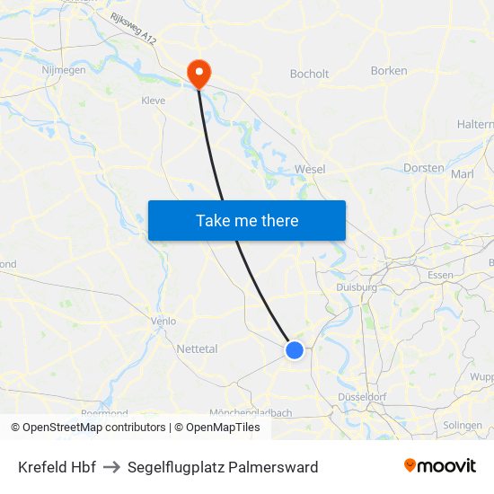 Krefeld Hbf to Segelflugplatz Palmersward map