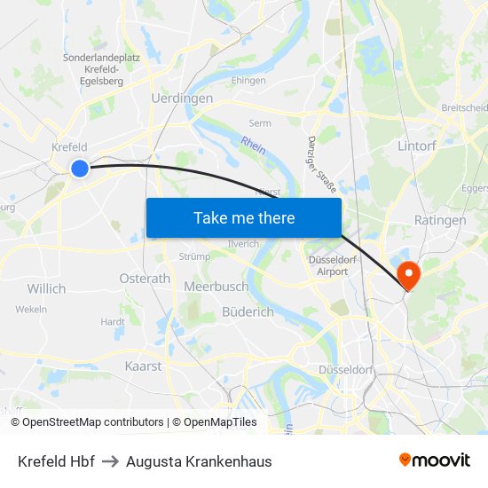 Krefeld Hbf to Augusta Krankenhaus map