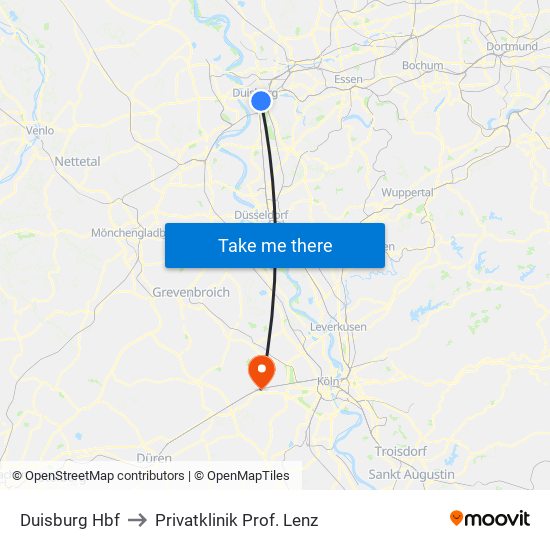 Duisburg Hbf to Privatklinik Prof. Lenz map