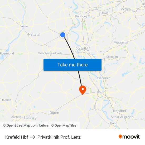 Krefeld Hbf to Privatklinik Prof. Lenz map