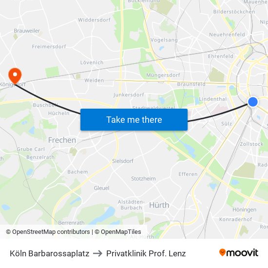 Köln Barbarossaplatz to Privatklinik Prof. Lenz map