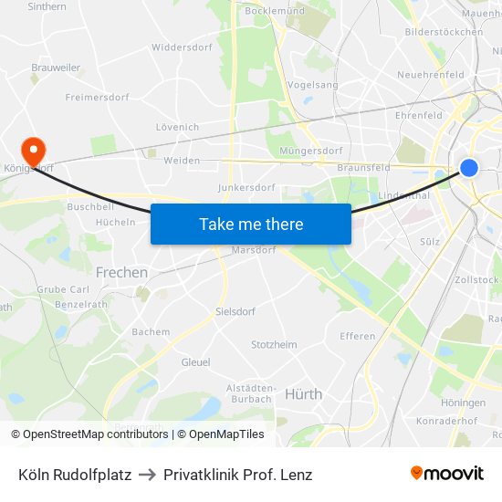 Köln Rudolfplatz to Privatklinik Prof. Lenz map