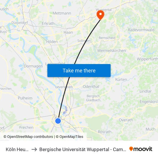 Köln Heumarkt to Bergische Universität Wuppertal - Campus Freudenberg map