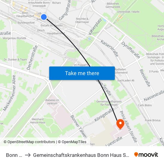 Bonn Hbf to Gemeinschaftskrankenhaus Bonn Haus Sankt Elisabeth map