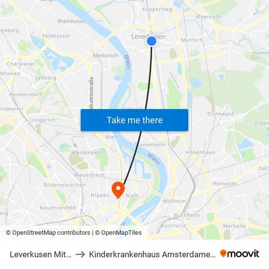 Leverkusen Mitte Bf to Kinderkrankenhaus Amsterdamer Straße map