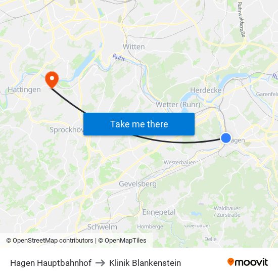 Hagen Hauptbahnhof to Klinik Blankenstein map