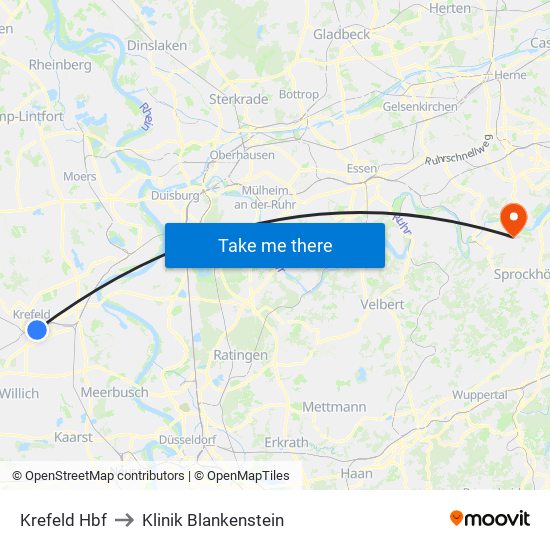 Krefeld Hbf to Klinik Blankenstein map