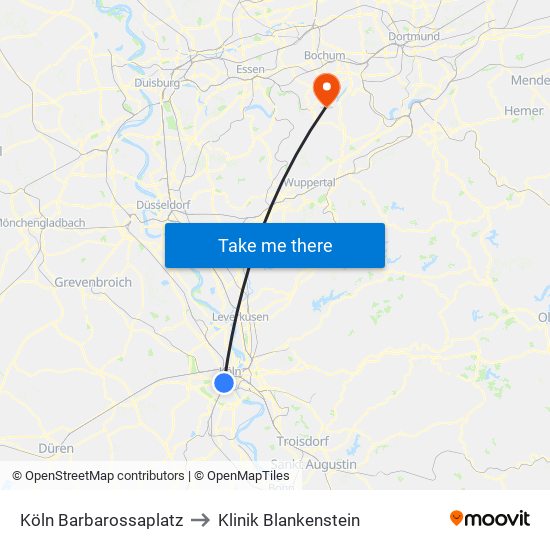 Köln Barbarossaplatz to Klinik Blankenstein map