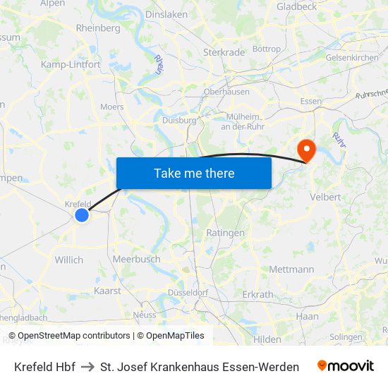 Krefeld Hbf to St. Josef Krankenhaus Essen-Werden map