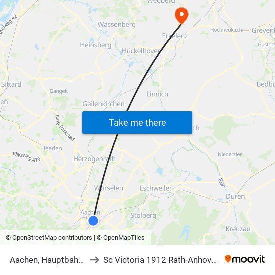 Aachen, Hauptbahnhof to Sc Victoria 1912 Rath-Anhoven E.V. map