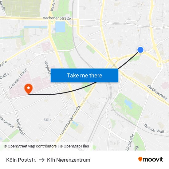 Köln Poststr. to Kfh Nierenzentrum map