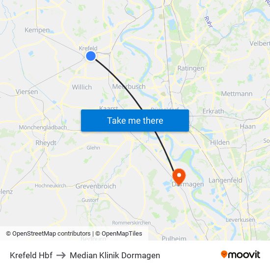 Krefeld Hbf to Median Klinik Dormagen map