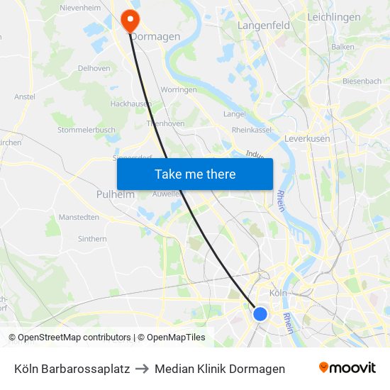 Köln Barbarossaplatz to Median Klinik Dormagen map